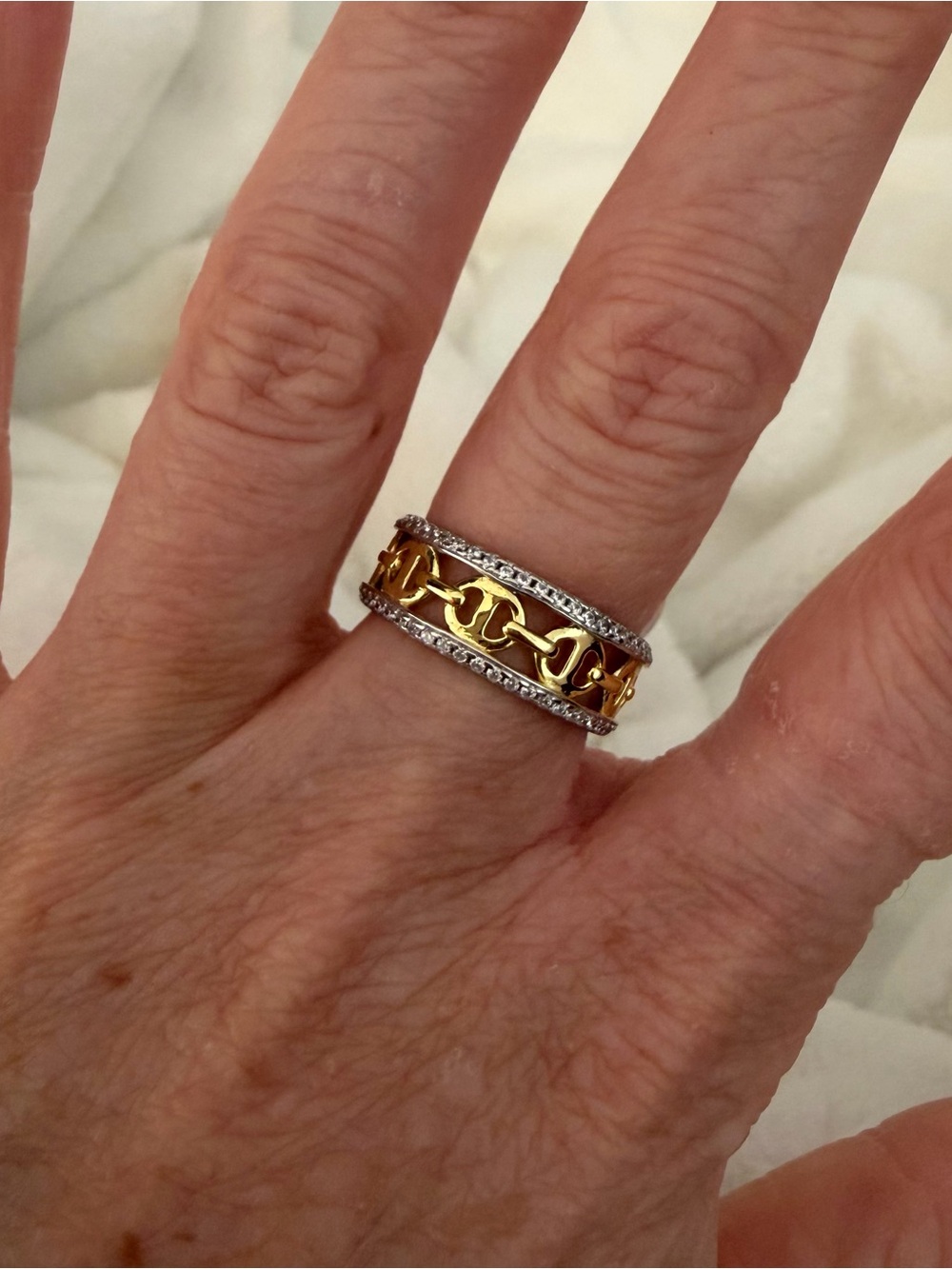Gold Chain-Link Ring with Silver Pavé Edges - Sterling silver eternity band Ring